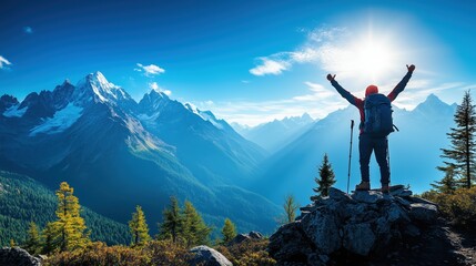 Hiker celebrating on a mountain peak during a bright sunny day with stunning landscape views
