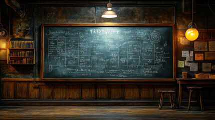 A chalkboard filled with complex mathematical equations and geometric diagrams, lit by a single overhead light