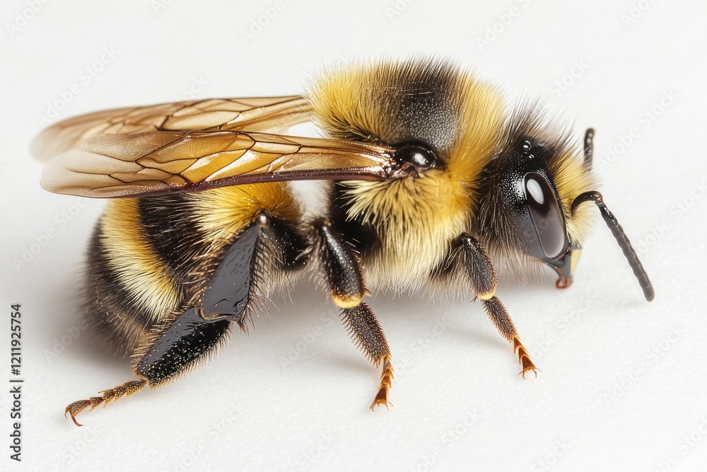 Poster a close-up view of a bee sitting on a white surface