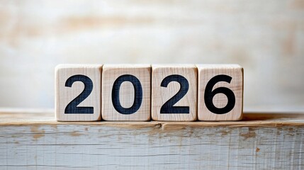 Wooden blocks display the year 2026 on a rustic surface with a neutral background and soft lighting