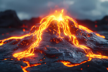 volcano with radiant lava flows, symbolizing energy and creation