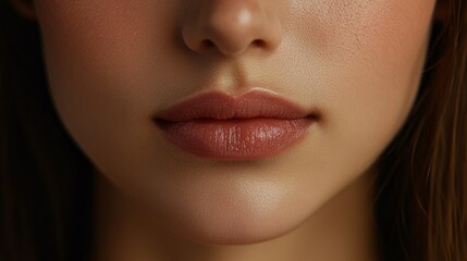 Fototapeta premium Exploring the elegance of feminine allure, this close-up captures the smooth texture of lips and the gentle shaping of the lower face. The soft lighting enhances the natural glow