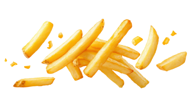 Crispy golden French fries scattered on white background ready to be enjoyed by all isolated on transparent background