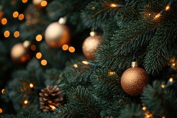 A close up view of a decorated Christmas tree with twinkling lights