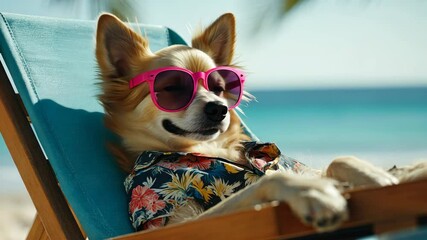 Dog in sunglasses relaxes on beach chair at tropical location under sun