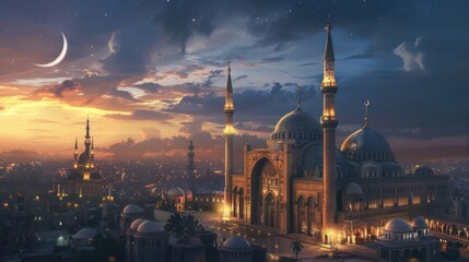 Fototapeta premium A stunning Cairo mosque lit with golden lights reflecting on marble, a crescent moon above, and the softly glowing cityscape during Ramadan night.