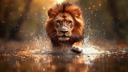 Naklejka premium Majestic lion gazing at its own reflection in a calm golden hued lake symbolizing deep introspection balanced authority and the duality of power and self awareness