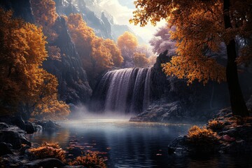 Majestic waterfall surrounded by vibrant autumn foliage in a serene landscape