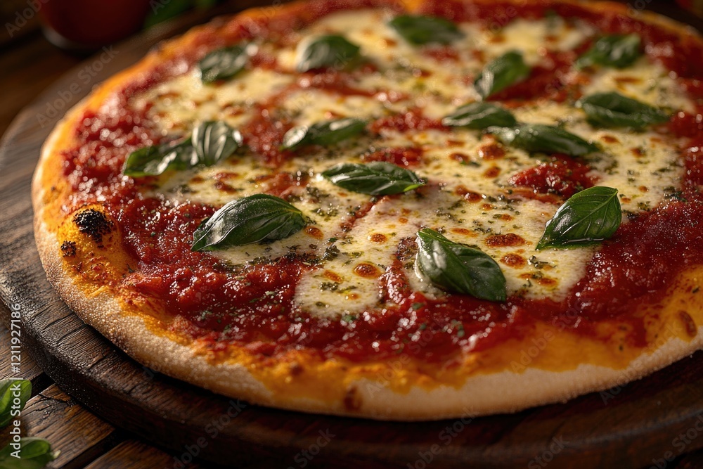 Poster a slice of pizza sits atop a rustic wooden cutting board, ready to be enjoyed