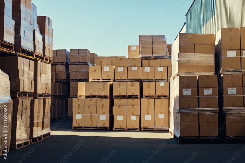 Poster boxes and pallets stacked in a large warehouse storage area