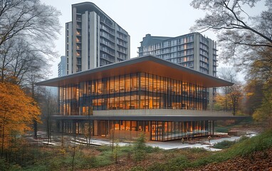 Obraz premium Modern building with glass facade and wooden roof, nestled in autumnal park.