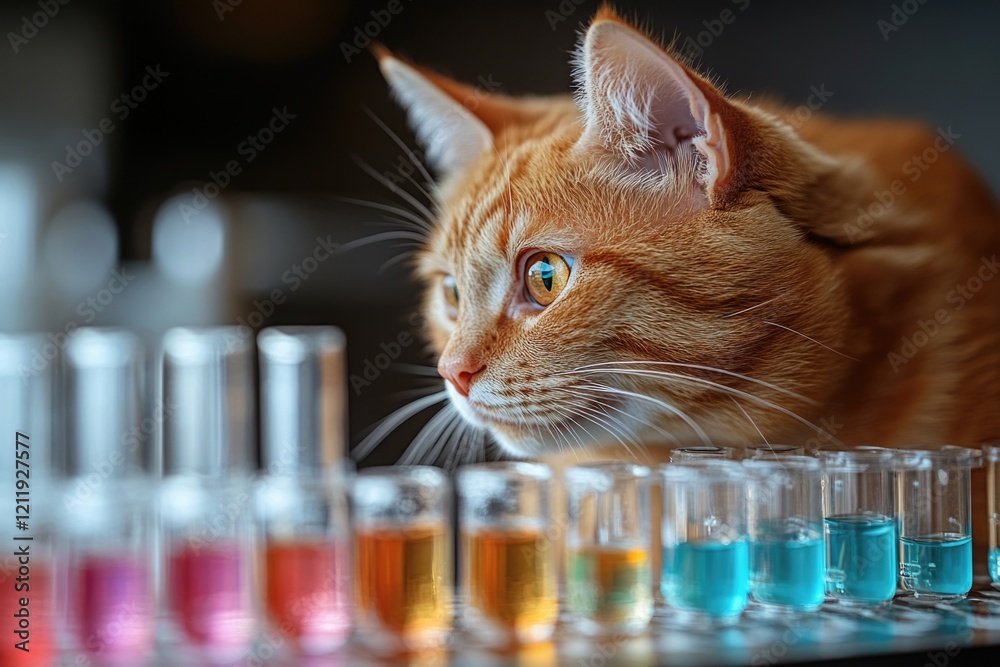 Poster a curious cat sits beside a row of test tubes on a table, ready for inspection