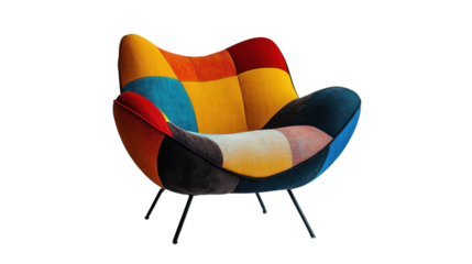 Vibrant patchwork chair exuding modern artistic flair in a stylish interior setting