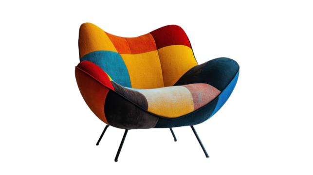 Vibrant patchwork chair exuding modern artistic flair in a stylish interior setting