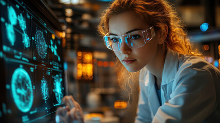 A futuristic lab scene featuring holographic molecular models and scientists interacting with virtual screens