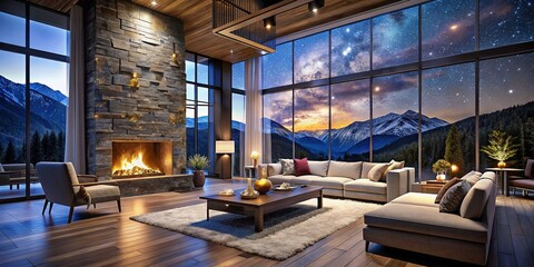 Fototapeta premium Modern Mountain Luxury Living Room Night Photography - Cozy Fireplace & Starry Views