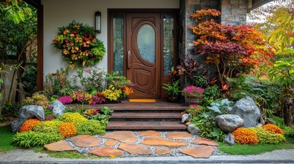 Fototapeta premium Autumnal home entrance, vibrant plants, stone path