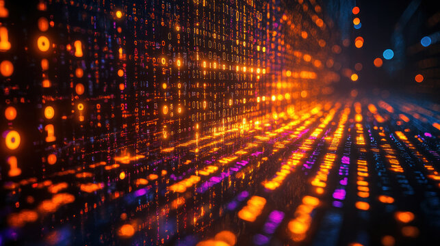 A glowing binary code background representing the flow of digital data in computer science