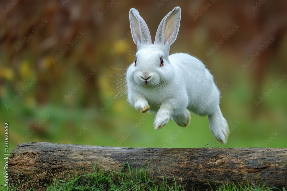 Aufkleber a white rabbit jumps over a log in a natural setting