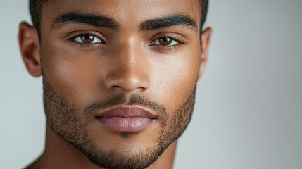 Fototapeta premium A close-up captures a confident mixed race individual with striking features. The warm light highlights their captivating expression, radiating self-assurance and elegance