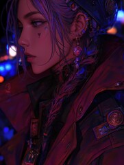 Fototapeta premium Cyberpunk Girl With Purple Hair and Ear Piercings