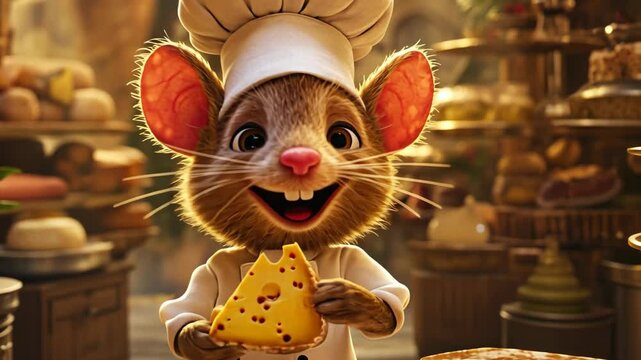 Cheerful mouse chef prepares delicious cheeseboard in a cozy, vibrant kitchen surrounded by assorted cheeses and baked goods
