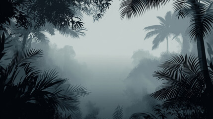 Misty jungle landscape with dense foliage and palm trees
