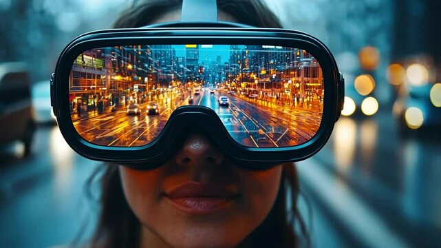 Virtual Cityscape: A woman's face partially obscured by a VR headset, the reflection showing a vibrant cityscape at night, creating a futuristic and immersive experience. 