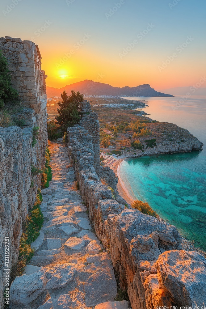 Poster a serene scene with a winding stone path leading to the beach as the sun sets in the background, per