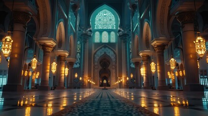 A stunning Cairo mosque lit with golden lights reflecting on marble, a crescent moon above, and the softly glowing cityscape during Ramadan night.