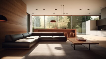 Modern Living Room:  A spacious and stylish living room with a contemporary design, featuring a black leather sectional sofa, wooden floor, large windows overlooking a lush green garden.