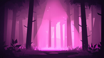 Mysterious pink forest with tall trees and foliage