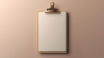 A 3D-rendered clipboard with a smooth metallic clip, placed against a solid light brown background, with subtle highlights casting soft shadows