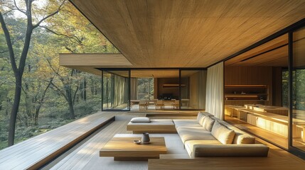 Fototapeta premium Serene Minimalist Wooden House in Forest