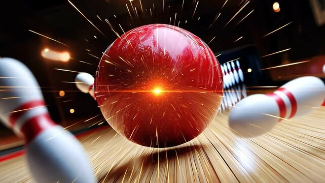 A dynamic shot of a red bowling ball striking down pins in motion.