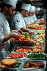 Obraz premium Group of chefs working together in a modern kitchen, preparing a variety of dishes for serving
