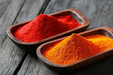 A rustic wooden tray filled with vibrant spices like turmeric, and cardamom, Vibrant spices in wooden bowls on a rustic surface