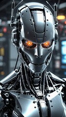 Fototapeta premium Futuristic robot with glowing orange eyes in a high-tech industrial environment