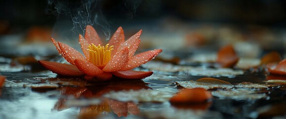 Orange water lily with dew drops, steaming on dark water, surrounded by fallen petals.
