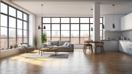 Modern Loft Apartment: Sunlight streams into a spacious open-plan loft apartment, featuring expansive windows, hardwood floors, a stylish grey sofa, and a minimalist kitchen.