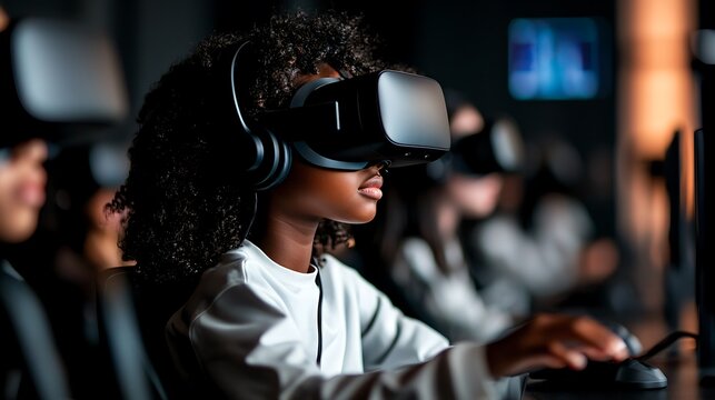 Girl uses VR headset in gaming center, others blurred.  Education tech image