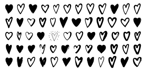 Set of vector hand-drawn sketch hearts. Grungy black brush stroke doodle scribble heart shapes. Love background. Valentine's day hand painted romance symbol icon collection