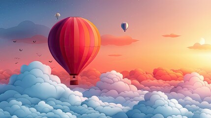 Obraz premium Romance takes flight in this colorful flat design hot air balloon adventure illustration