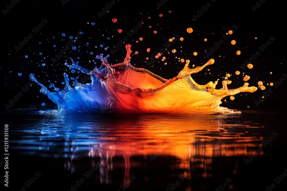 Poster a mesmerizing wave of bright orange, yellow, and blue paint splashes across a glossy surface, captur