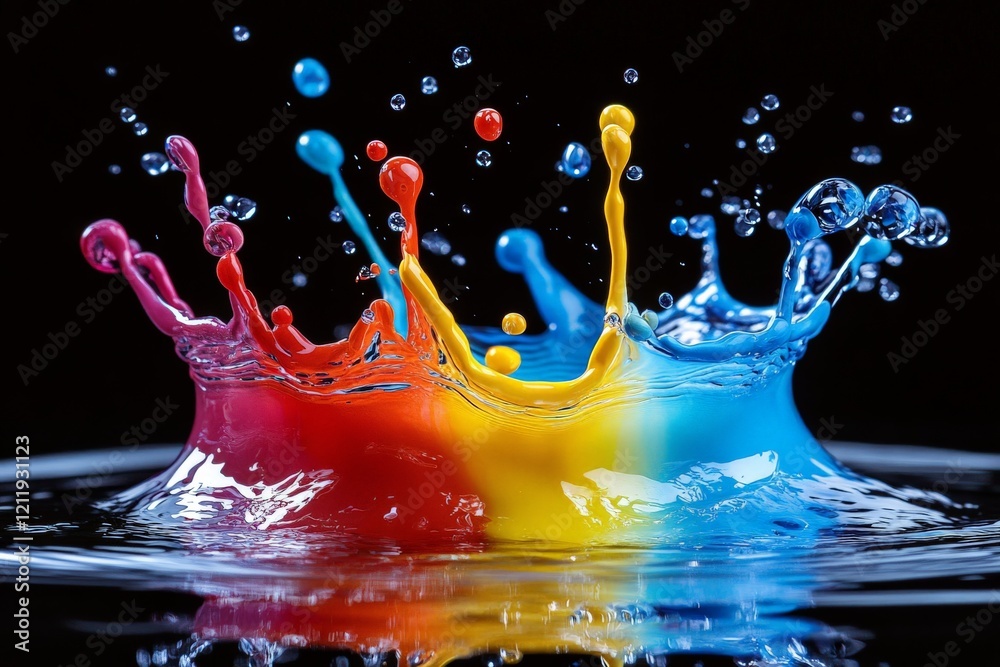 Poster a colorful fluid splash blends red, yellow, and blue hues in a dynamic transformation, epitomizing c