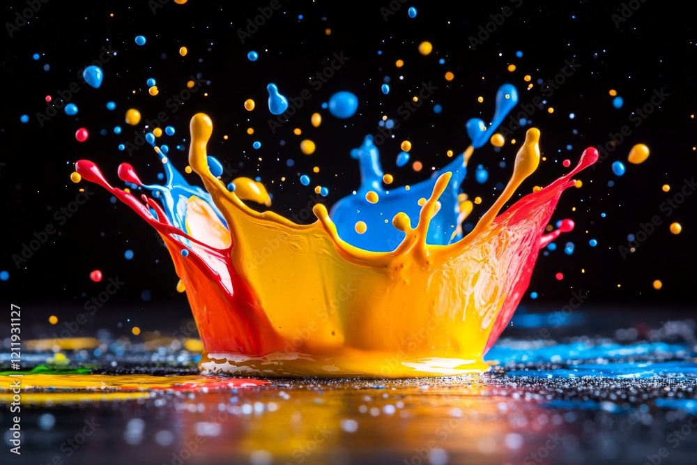 Fototapete a vivid multicolored splash with blue, yellow, and red hues, dynamically captured in motion, vividly