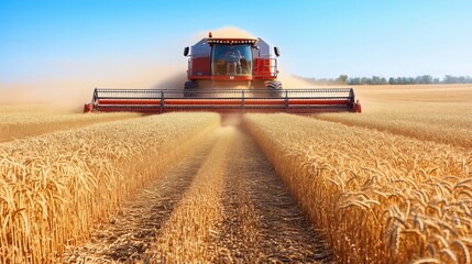 Fototapeta premium Harvesting wheat under bright blue skies in a golden field during early afternoon