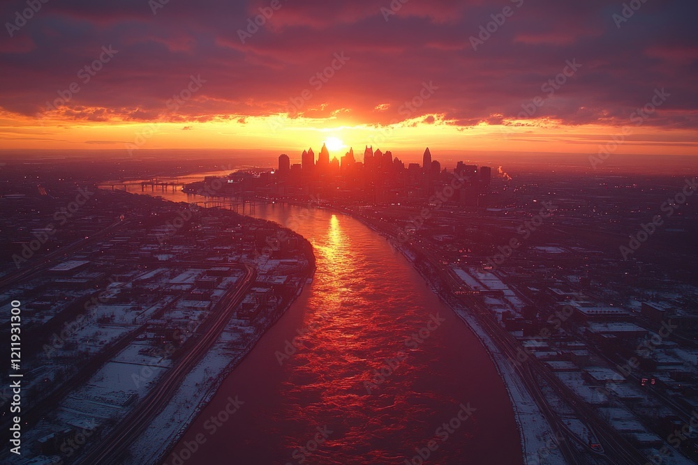 Poster a sunset view of a city with a river flowing through it, providing a beautiful backdrop for various 