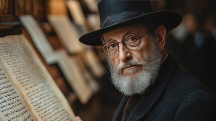 A rabbi writing Hebrew calligraphy on a ceremonial parchment in a peaceful study