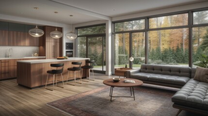 Fototapeta premium Modern Kitchen & Living Room: A seamless blend of modern design and natural warmth in this open-plan space.